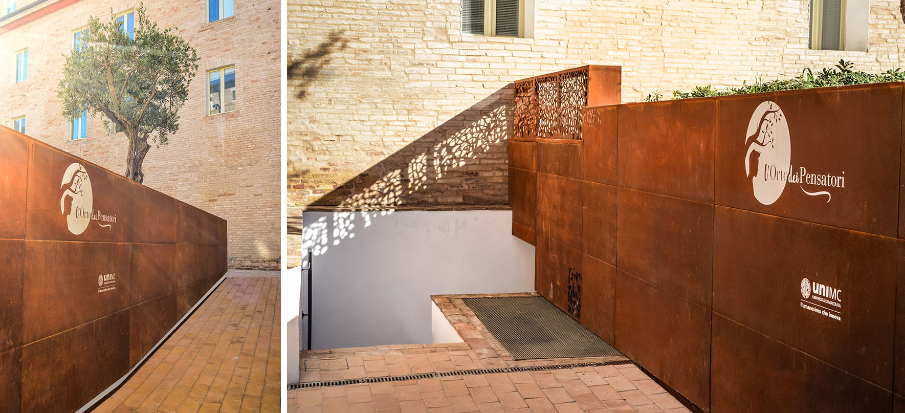 public entrance with wall cladded with corten steel sheets and corten borders